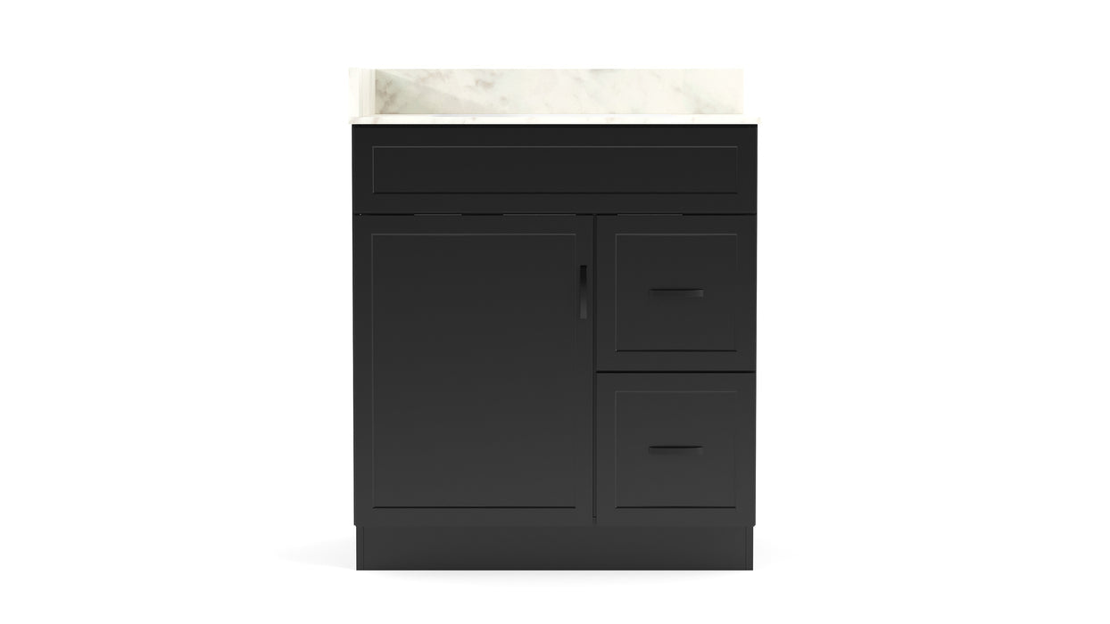 CRUSH - 30"  Narrow Shaker Bathroom Vanity (3 colors) With Quartz Countertop / Right Side Drawers
