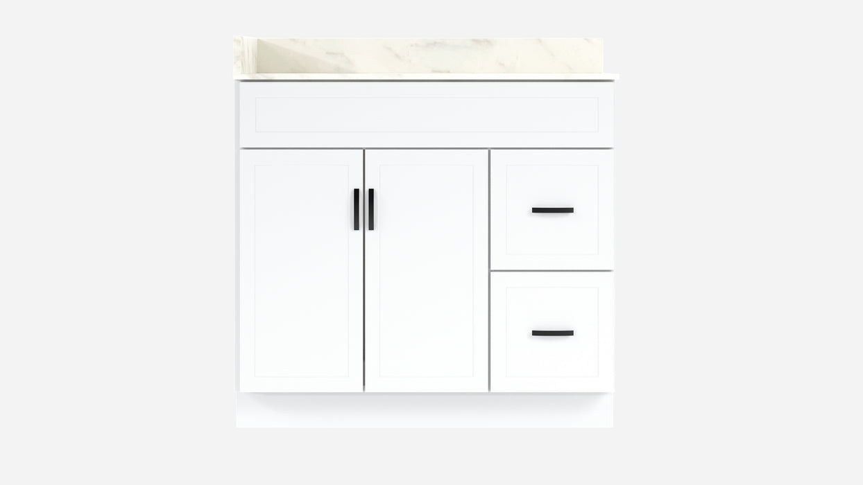 CRUSH - 36"  Narrow Shaker Bathroom Vanity (3 colors) With Quartz Countertop / Right Side Drawers