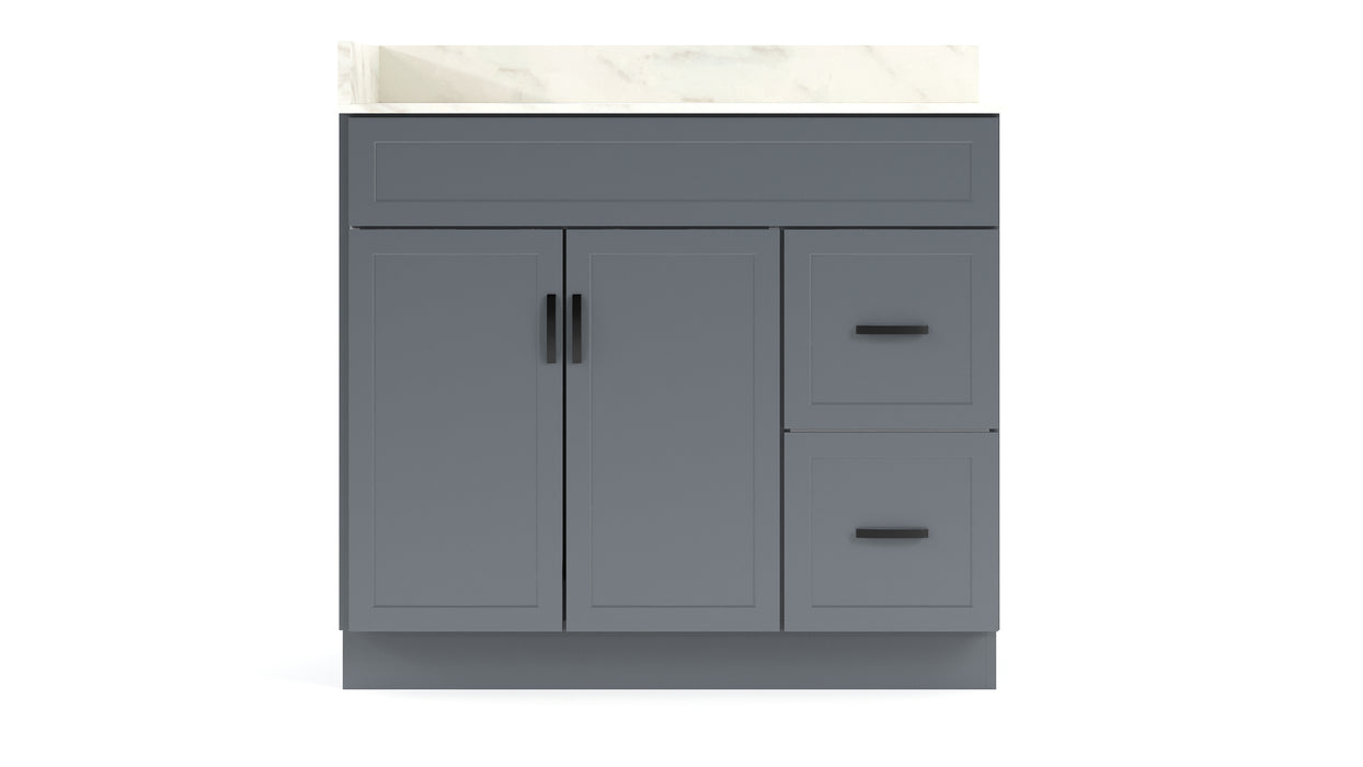 CRUSH - 36"  Narrow Shaker Bathroom Vanity (3 colors) With Quartz Countertop / Right Side Drawers