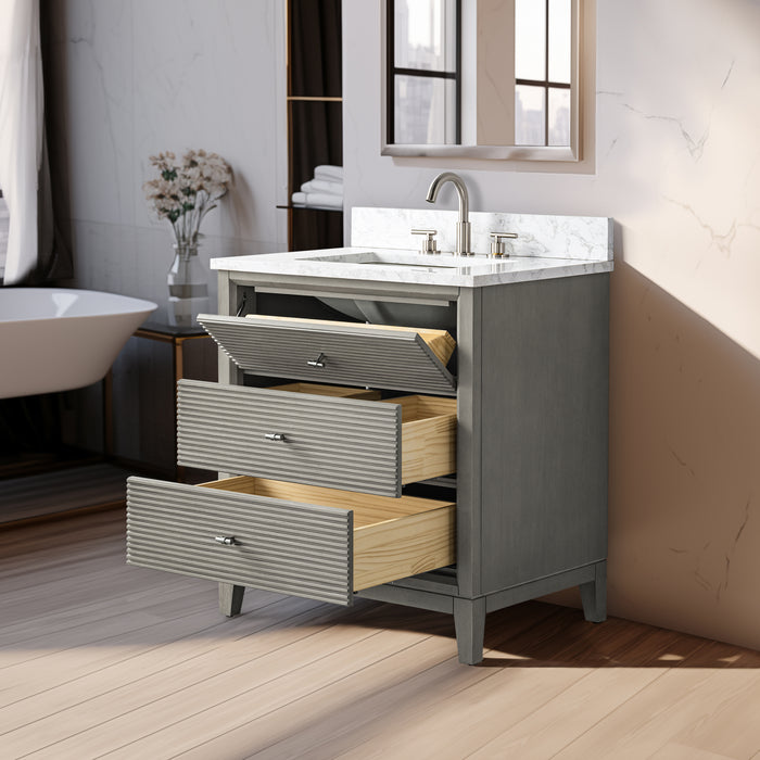 V-ART , 30" x 22" Drift Wood Grey Freestanding Bathroom Vanity with Marble Top