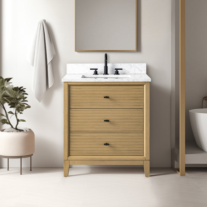 V-ART , 30" x 22" Natural Oak Freestanding Bathroom Vanity with Marble Top