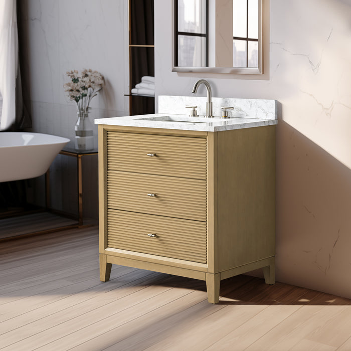 V-ART , 30" x 22" Natural Oak Freestanding Bathroom Vanity with Marble Top