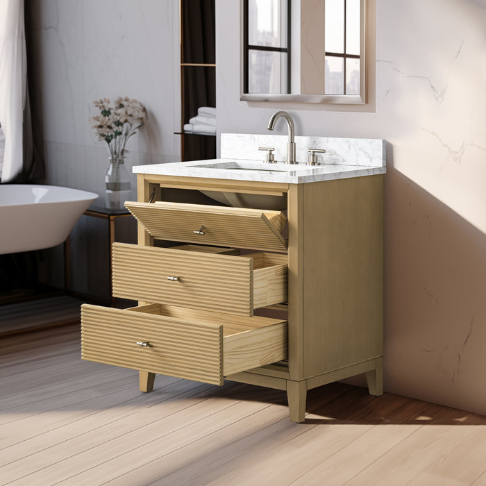 V-ART , 30" x 22" Natural Oak Freestanding Bathroom Vanity with Marble Top