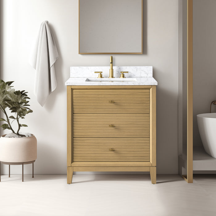 V-ART , 30" x 22" Natural Oak Freestanding Bathroom Vanity with Marble Top