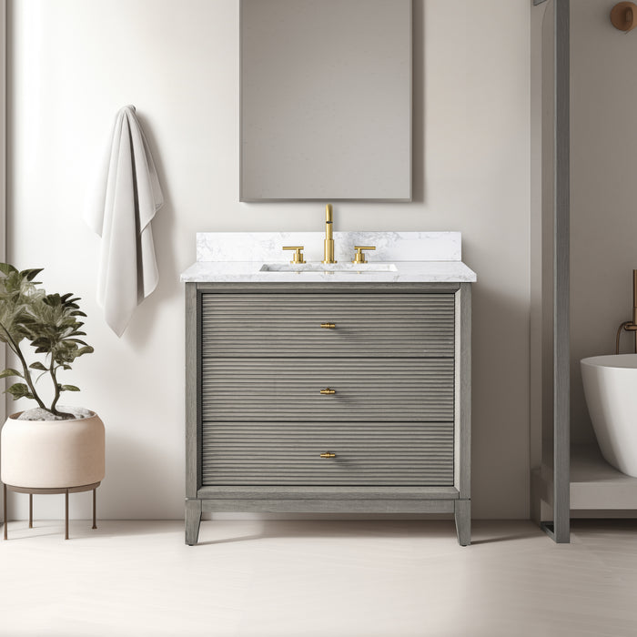 V-ART , 36" x 22" Drift Wood Grey Freestanding Bathroom Vanity with Marble Top