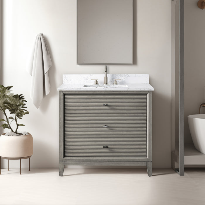 V-ART , 36" x 22" Drift Wood Grey Freestanding Bathroom Vanity with Marble Top