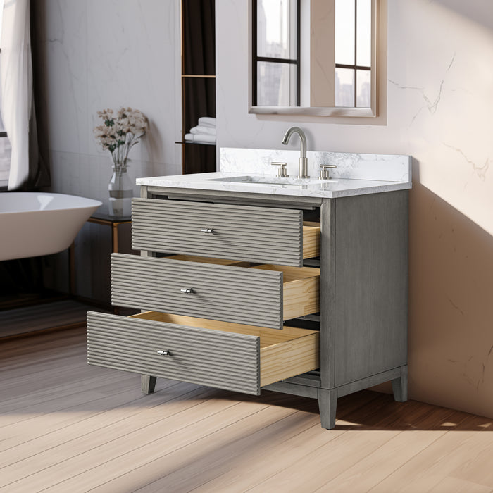 V-ART , 36" x 22" Drift Wood Grey Freestanding Bathroom Vanity with Marble Top