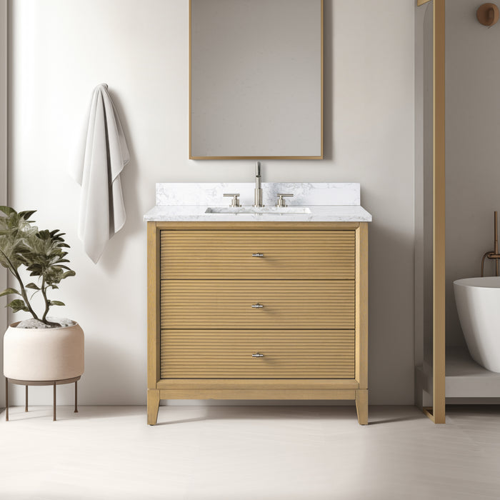 V-ART , 36" x 22" Natural Oak Freestanding Bathroom Vanity with Marble Top