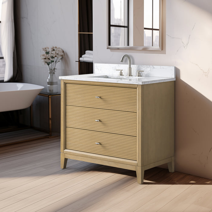 V-ART , 36" x 22" Natural Oak Freestanding Bathroom Vanity with Marble Top