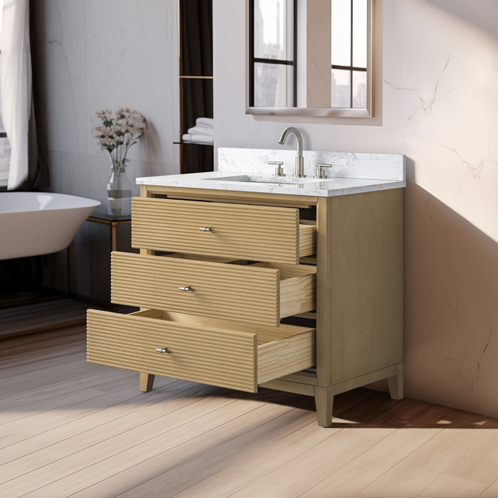 V-ART , 36" x 22" Natural Oak Freestanding Bathroom Vanity with Marble Top