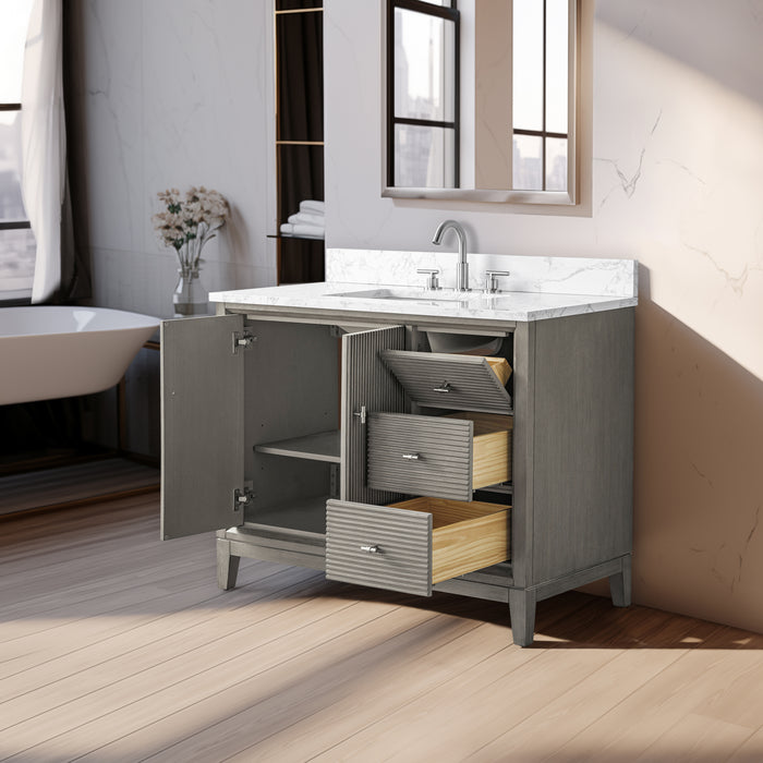 V-ART , 42" x 22" Drift Wood Grey Freestanding Bathroom Vanity with Marble Top