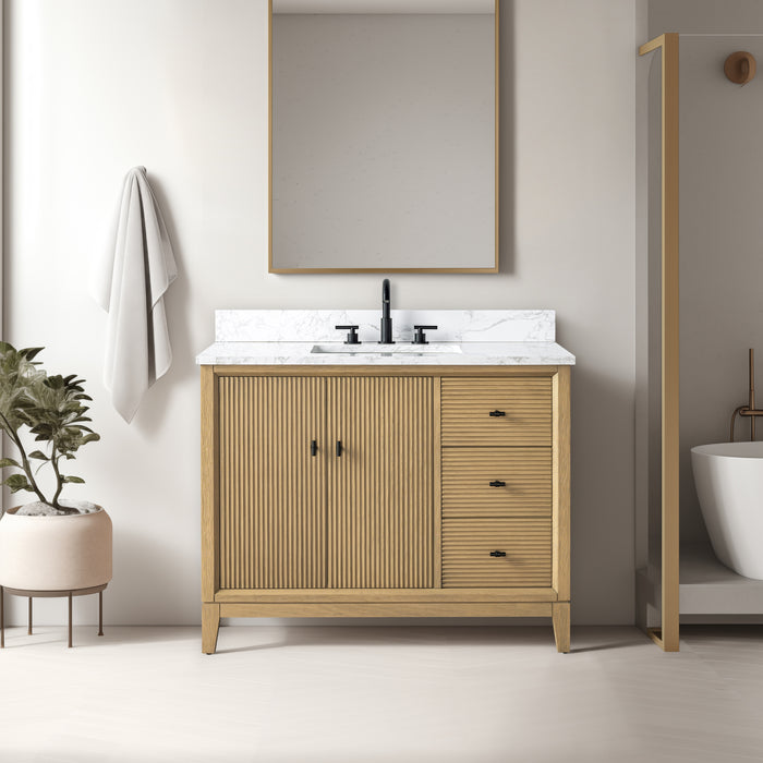 V-ART , 42" x 22" Natural Oak Freestanding Bathroom Vanity with Marble Top
