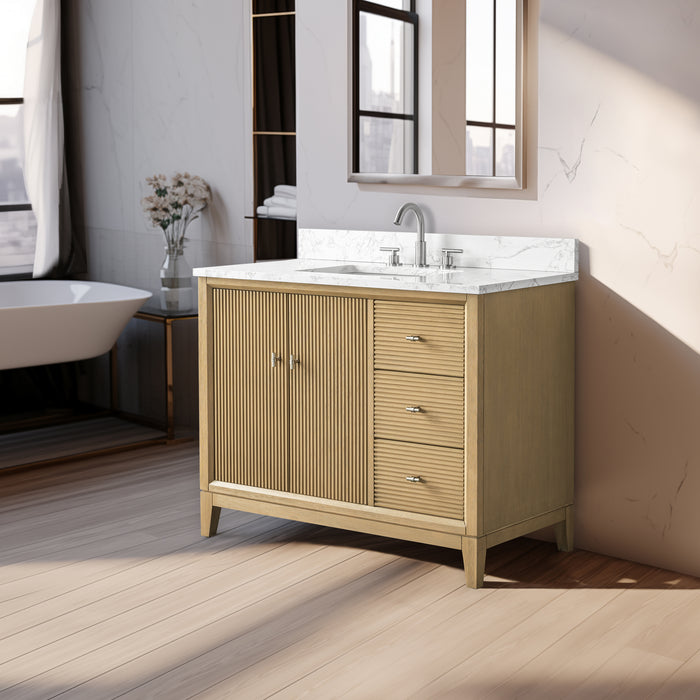 V-ART , 42" x 22" Natural Oak Freestanding Bathroom Vanity with Marble Top