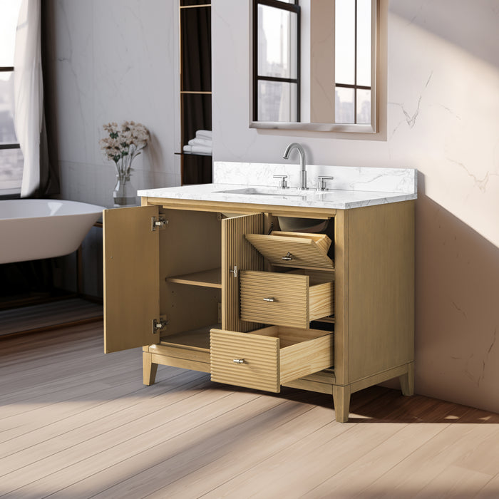 V-ART , 42" x 22" Natural Oak Freestanding Bathroom Vanity with Marble Top