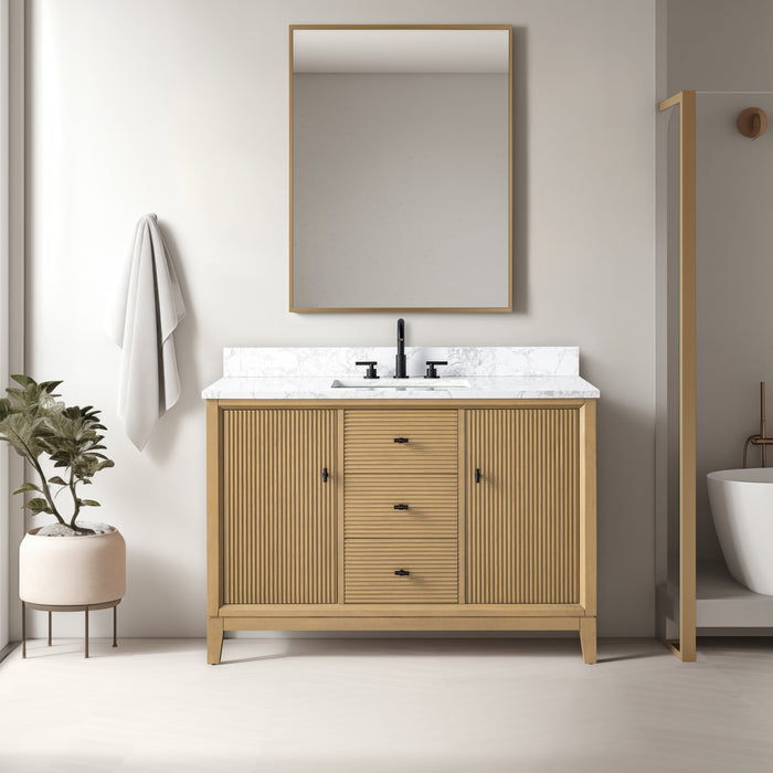 V-ART , 48" x 22" Natural Oak Freestanding Bathroom Vanity with Marble Top