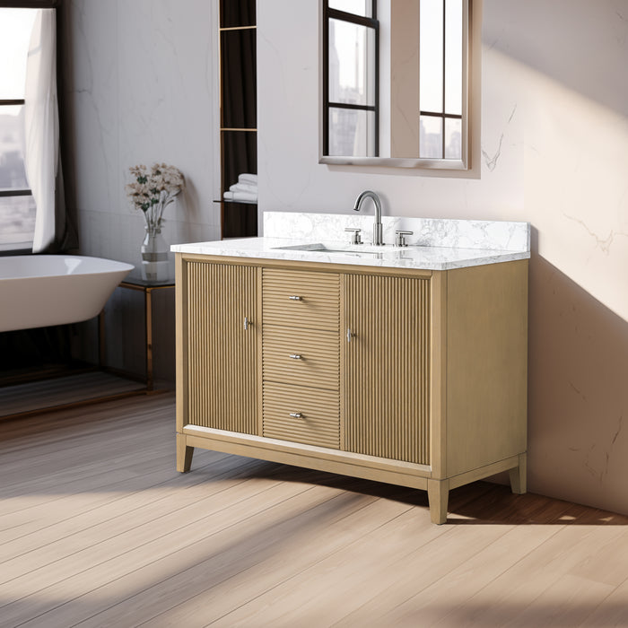 V-ART , 48" x 22" Natural Oak Freestanding Bathroom Vanity with Marble Top