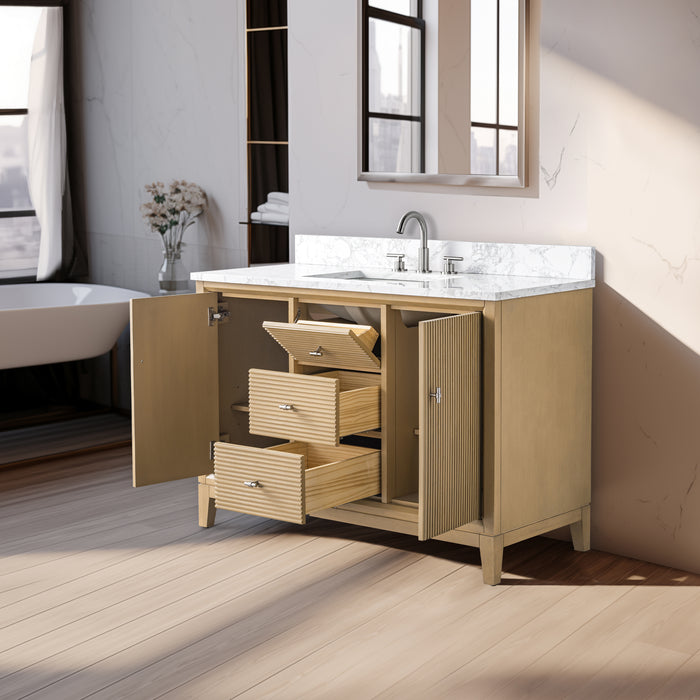 V-ART , 48" x 22" Natural Oak Freestanding Bathroom Vanity with Marble Top