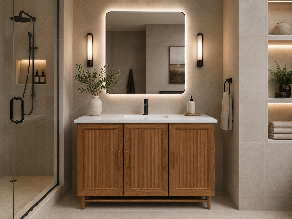 Sunflower - 48" Light Walnut , Solid Wood Floor Standing Bathroom Vanity, Quartz Countertop
