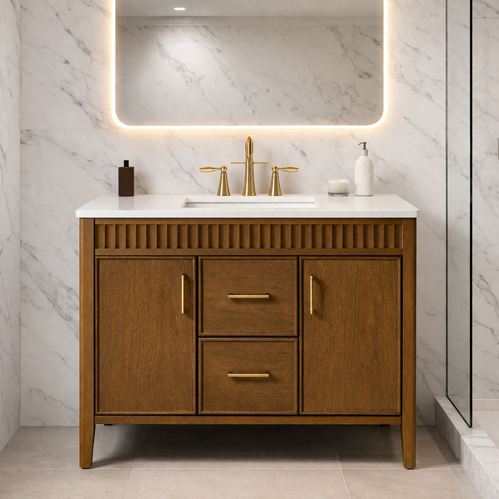 SIERRA - 42" Antique Walnut , Solid Wood Floor Standing Modern Bathroom Vanity,White Quartz Countertop - Construction Commodities Supply Inc.