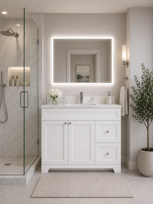 CLASSIC- 36" Solid wood Bathroom Vanity (6 COLORS AVAILABLE) With Quartz Countertop /  Right Side Drawers - Construction Commodities Supply Inc.