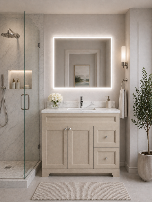 CLASSIC- 36" Solid wood Bathroom Vanity (6 COLORS AVAILABLE) With Quartz Countertop /  Right Side Drawers - Construction Commodities Supply Inc.