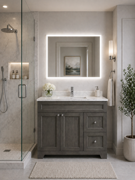 CLASSIC- 36" Solid wood Bathroom Vanity (6 COLORS AVAILABLE) With Quartz Countertop /  Right Side Drawers - Construction Commodities Supply Inc.