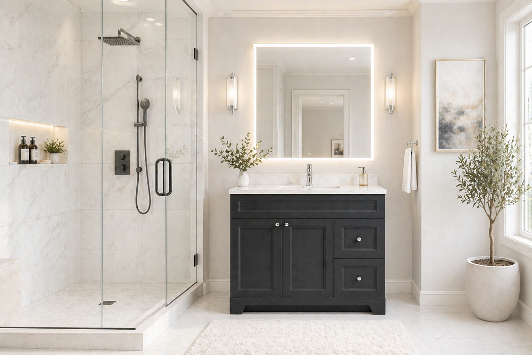 CLASSIC- 36" Solid wood Bathroom Vanity (6 COLORS AVAILABLE) With Quartz Countertop /  Right Side Drawers - Construction Commodities Supply Inc.