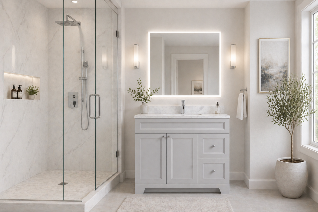 CLASSIC- 36" Solid wood Bathroom Vanity (6 COLORS AVAILABLE) With Quartz Countertop /  Right Side Drawers - Construction Commodities Supply Inc.