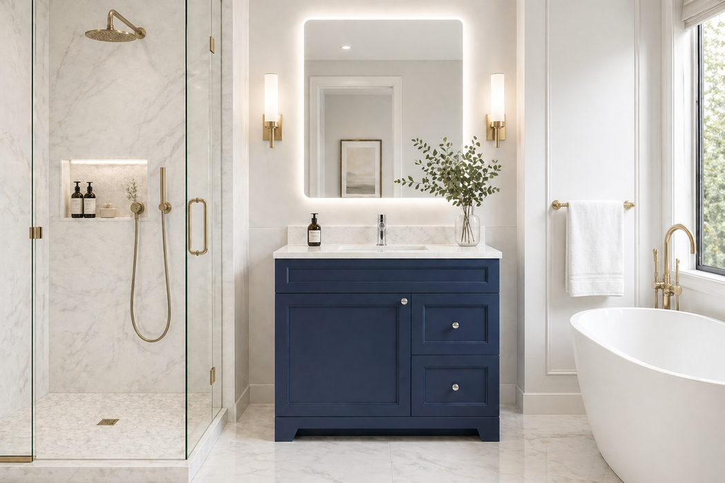 CLASSIC- 30" Solid wood Bathroom Vanity (6 COLORS AVAILABLE) With Quartz Countertop / Right Side Drawers - Construction Commodities Supply Inc.
