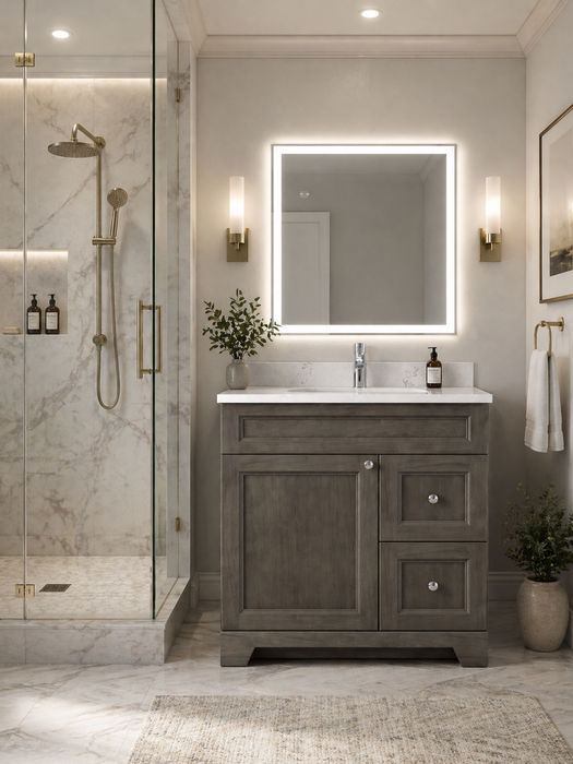 CLASSIC- 30" Solid wood Bathroom Vanity (6 COLORS AVAILABLE) With Quartz Countertop / Right Side Drawers - Construction Commodities Supply Inc.