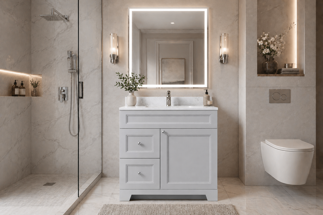 CLASSIC- 30" Solid wood Bathroom Vanity (6 COLORS AVAILABLE) With Quartz Countertop / Left Side Drawers - Construction Commodities Supply Inc.