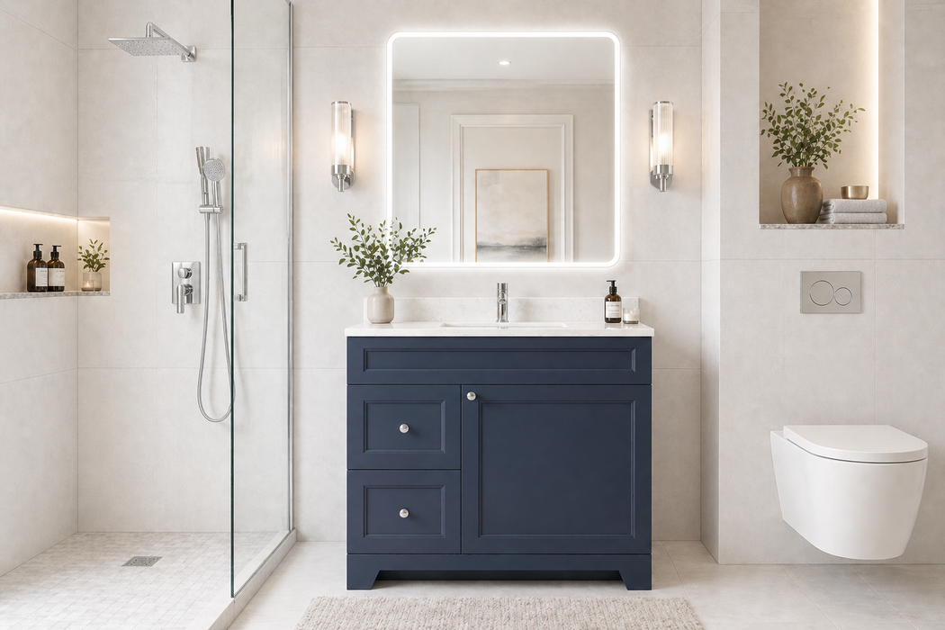 CLASSIC- 30" Solid wood Bathroom Vanity (6 COLORS AVAILABLE) With Quartz Countertop / Left Side Drawers - Construction Commodities Supply Inc.