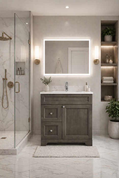 CLASSIC- 30" Solid wood Bathroom Vanity (6 COLORS AVAILABLE) With Quartz Countertop / Left Side Drawers - Construction Commodities Supply Inc.