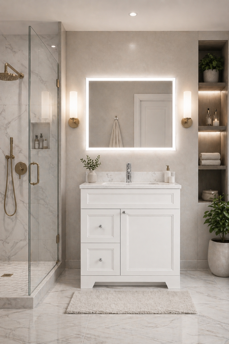 CLASSIC- 30" Solid wood Bathroom Vanity (6 COLORS AVAILABLE) With Quartz Countertop / Left Side Drawers - Construction Commodities Supply Inc.
