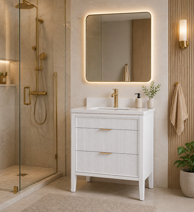 Aster - 30" White , Solid Wood Floor Standing Modern Bathroom Vanity with Quartz Top - Construction Commodities Supply Inc.