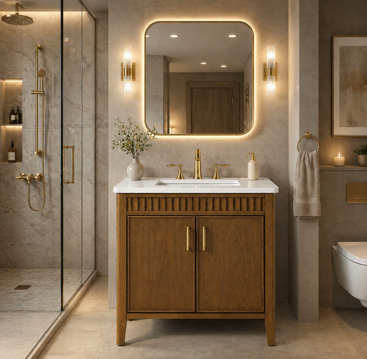 SIERRA - 30" Antique Walnut , Solid Wood Floor Standing Modern Bathroom Vanity,White Quartz Countertop