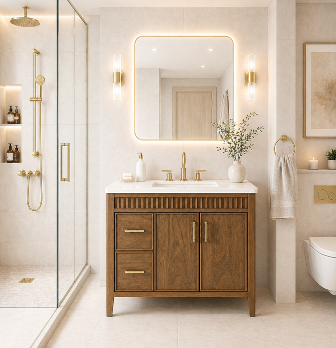 SIERRA - 36" Antique Walnut , Solid Wood Floor Standing Modern Bathroom Vanity,White Quartz Countertop - Construction Commodities Supply Inc.