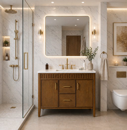 SIERRA - 42" Antique Walnut , Solid Wood Floor Standing Modern Bathroom Vanity,White Quartz Countertop - Construction Commodities Supply Inc.