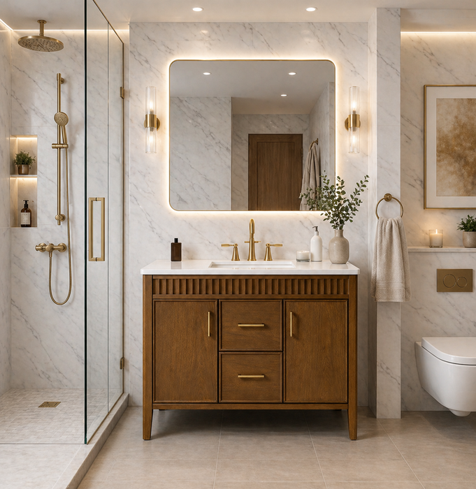 SIERRA - 42" Antique Walnut , Solid Wood Floor Standing Modern Bathroom Vanity,White Quartz Countertop - Construction Commodities Supply Inc.