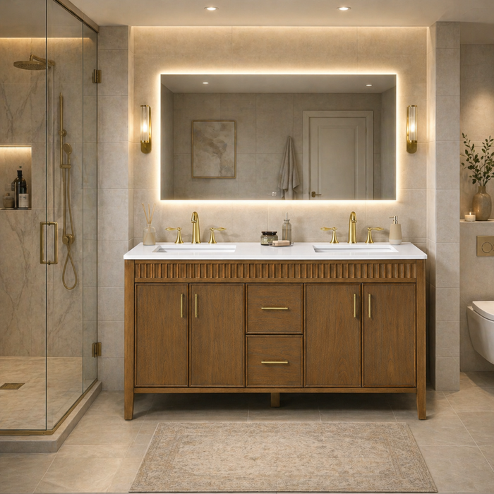 SIERRA - 60" Double sink Antique Walnut , Solid Wood Floor Standing Modern Bathroom Vanity,White Quartz Countertop - Construction Commodities Supply Inc.
