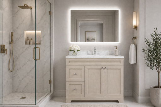 CLASSIC- 42" Solid wood Bathroom Vanity (6 COLORS AVAILABLE) With Quartz Countertop / Left Side Drawers - Construction Commodities Supply Inc.