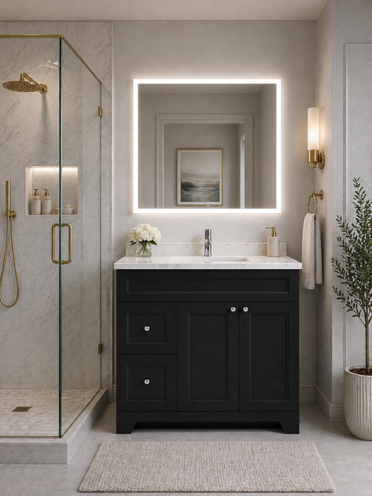 CLASSIC- 36" Solid wood Bathroom Vanity (6 COLORS AVAILABLE) With Quartz Countertop / Left Side Drawers