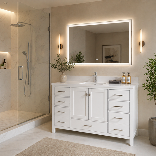 Rose- 60" Single Sink, White , Solid Wood Modern Bathroom Vanity, White Quartz Countertop - Construction Commodities Supply Inc.