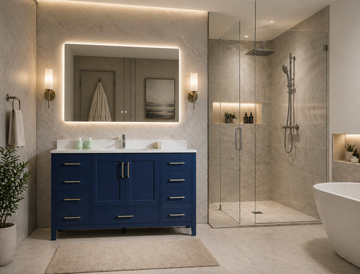 ROSE - 54" Navy Blue, Solid Wood Floor Standing Bathroom Vanity , Quartz Countertop - Construction Commodities Supply Inc.