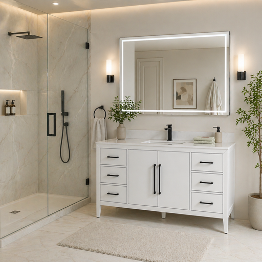 Lily - 60" Single Sink, White , Solid Wood Modern Bathroom Vanity, White Quartz Countertop - Construction Commodities Supply Inc.