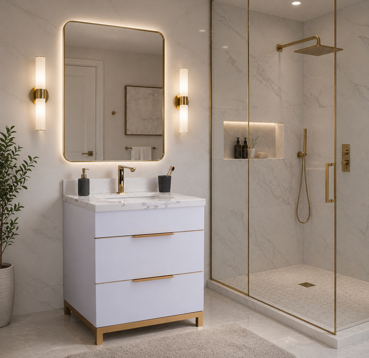 TURIN - 30" WHITE, Solid Wood Floor Standing Modern Bathroom Vanity, Calcatta Quartz Countertop, Bronze Hardware *** CLEARANCE / PICK UP IN STORE ONLY *** - Construction Commodities Supply Inc.