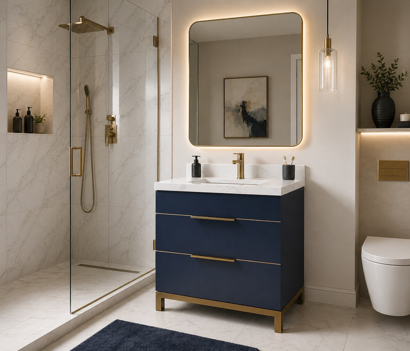 TURIN - 30" Navy Blue, Solid Wood Floor Standing Modern Bathroom Vanity, Calcatta Quartz Countertop, Bronze Hardware *** CLEARANCE / PICK UP IN STORE ONLY **** - Construction Commodities Supply Inc.