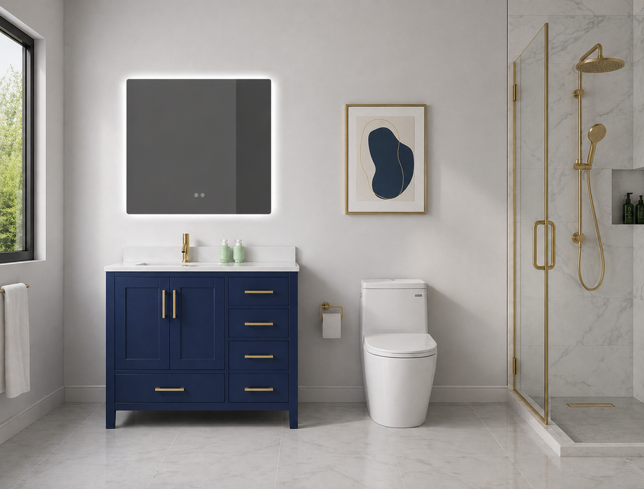 Rose - 42" Navy Blue, Right side drawers, Left side sin,Solid Wood Floor Standing Bathroom Vanity , White Quartz Countertop - Construction Commodities Supply Inc.