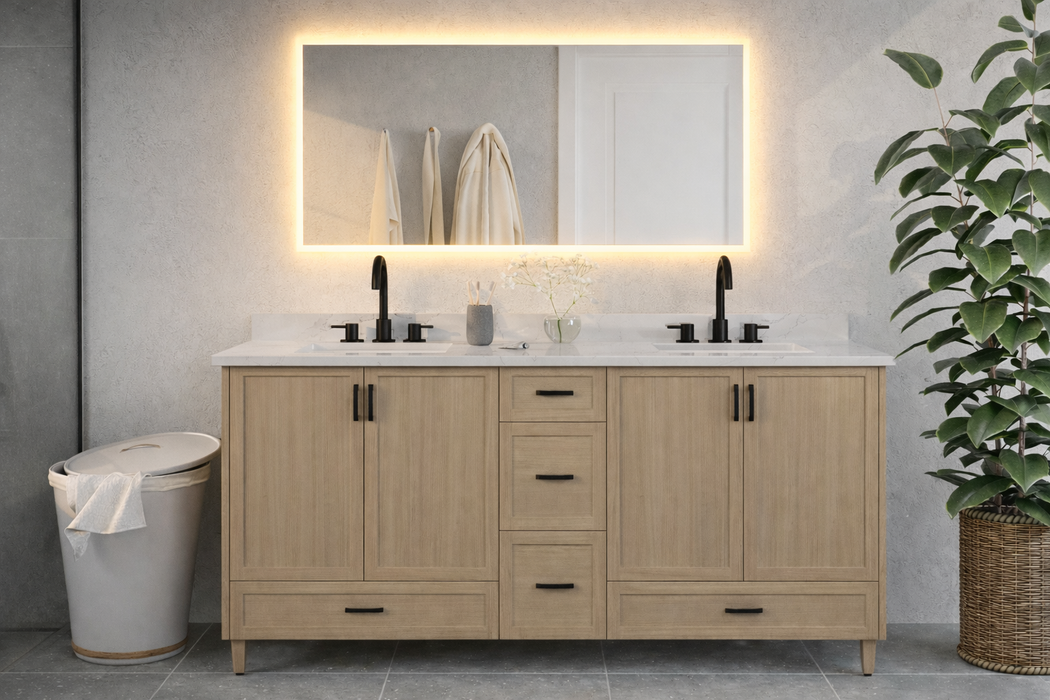 Classic- 60" Double Sink Canadian Made Natural Oak Bathroom Vanity With Quartz Countertop,5 Drawers - Construction Commodities Supply Inc.