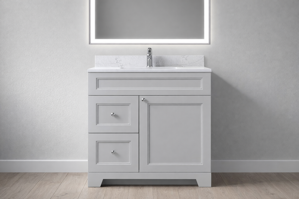 CLASSIC- 30" Solid wood Bathroom Vanity (6 COLORS AVAILABLE) With Quartz Countertop / Left Side Drawers - Construction Commodities Supply Inc.